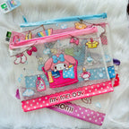 A stack of My Melody themed mesh zipper pouches in various sizes, decorated with pink and blue cartoon graphics.