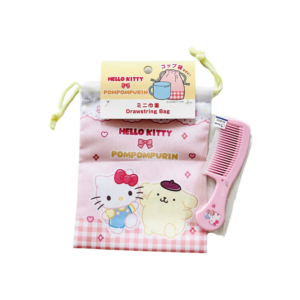 A Hello Kitty Pompompurin drawstring bag in pink gingham with a pink comb. The bag has a hanging paper tag reading Hello Kitty and Pompompurin.