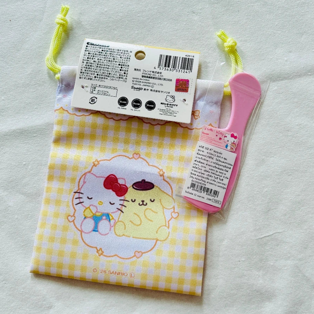 A small Hello Kitty-themed pouch with a yellow-and-white gingham pattern and a cartoon illustration.