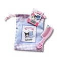 A Kuromi drawstring pouch with a pink My Melody hair comb.