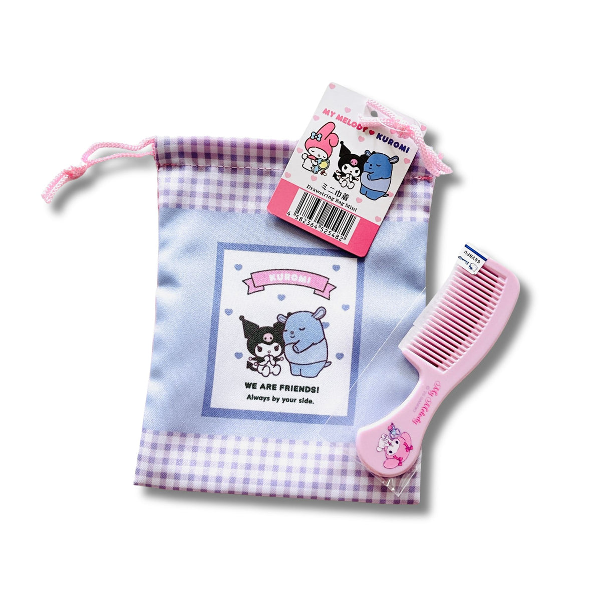 A Kuromi drawstring pouch with a pink My Melody hair comb.
