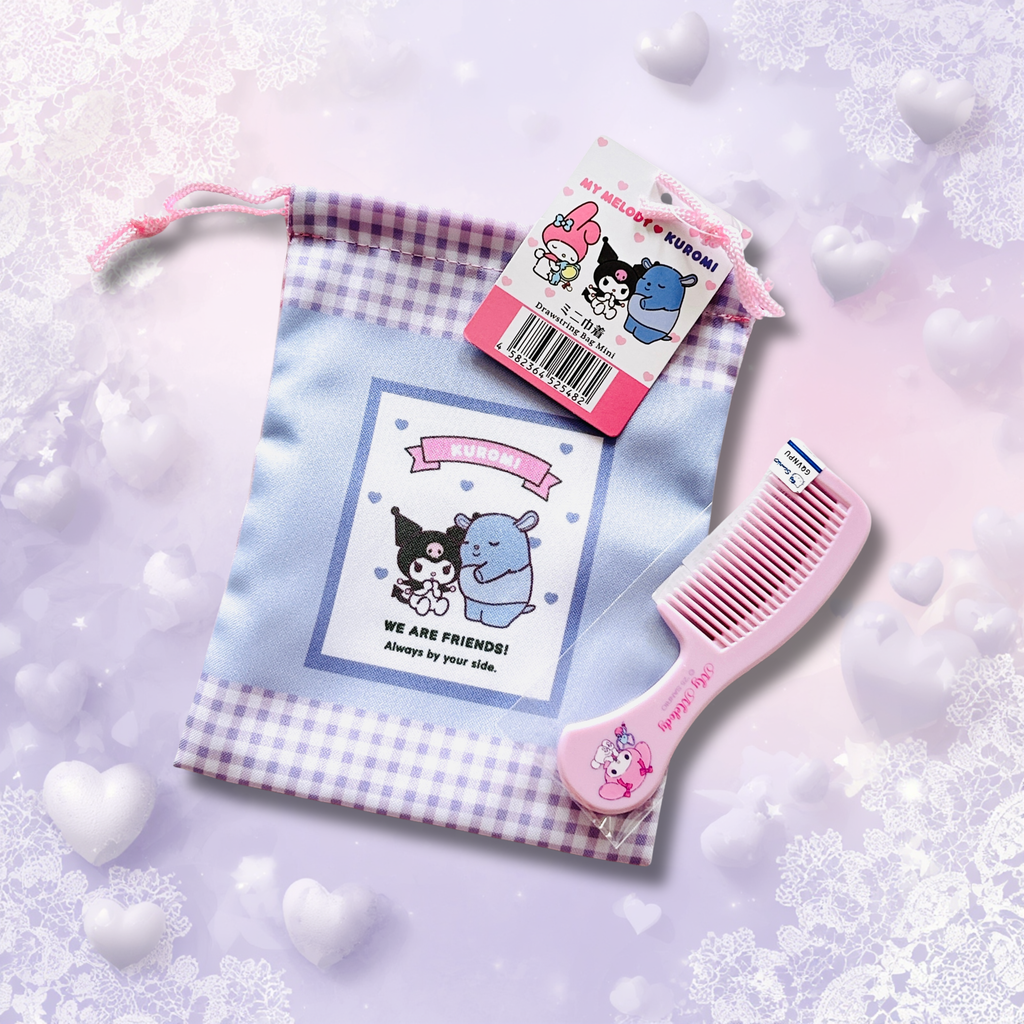 A Kuromi drawstring pouch with a pink My Melody hair comb.