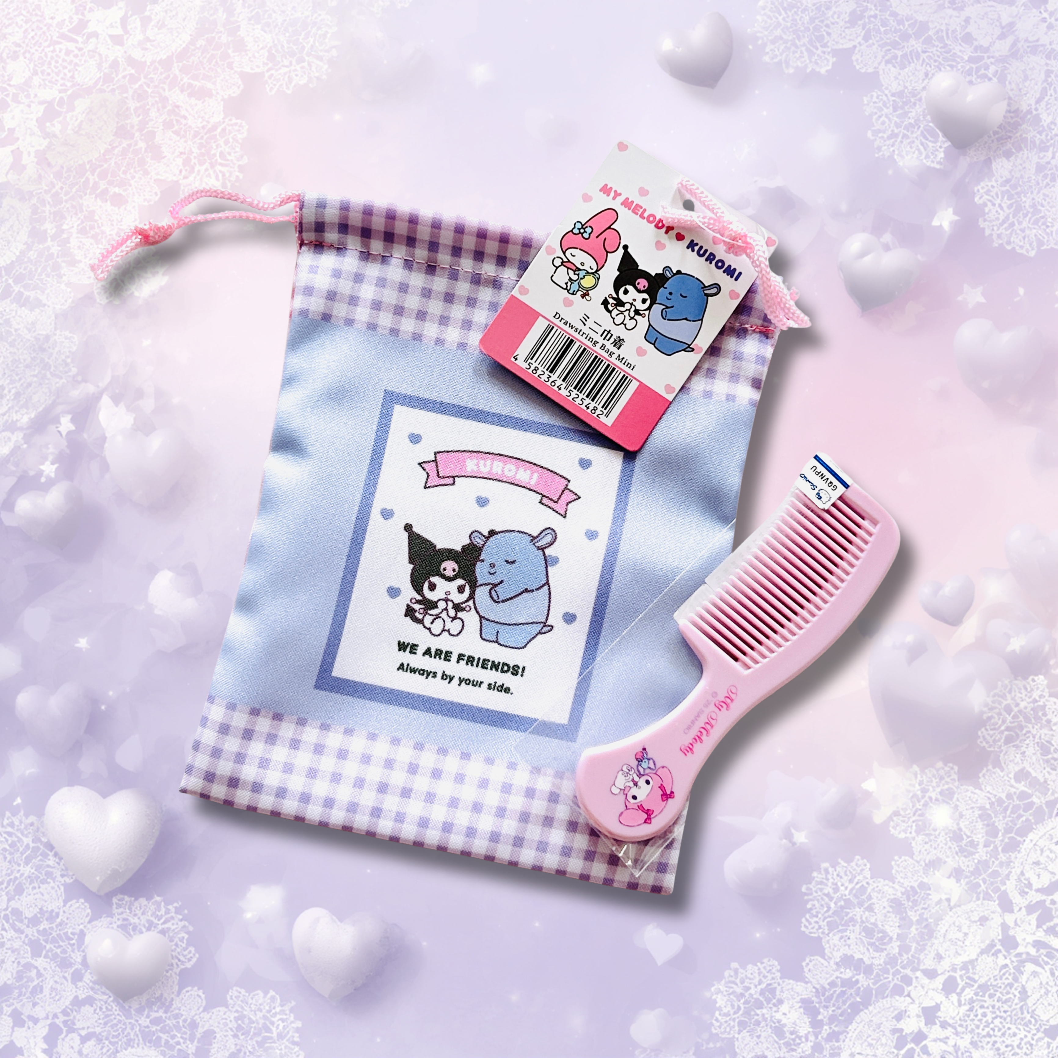 A Kuromi drawstring pouch with a pink My Melody hair comb.