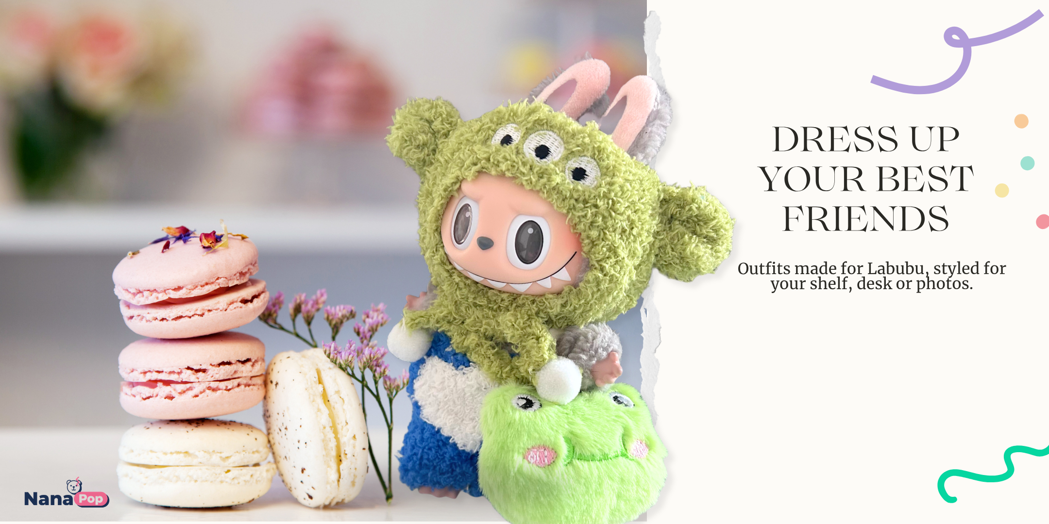 A Labubu plush doll dressed in a frog-themed costume. Text reads: Dress up your best friends.