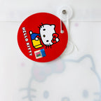 A round red Hello Kitty hangtag with a clear plastic hook, featuring the Hello Kitty character and 'HELLO KITTY' text on a white background.