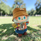 An AI-generated Labubu wearing a clothing set, standing on grass under the sun.
