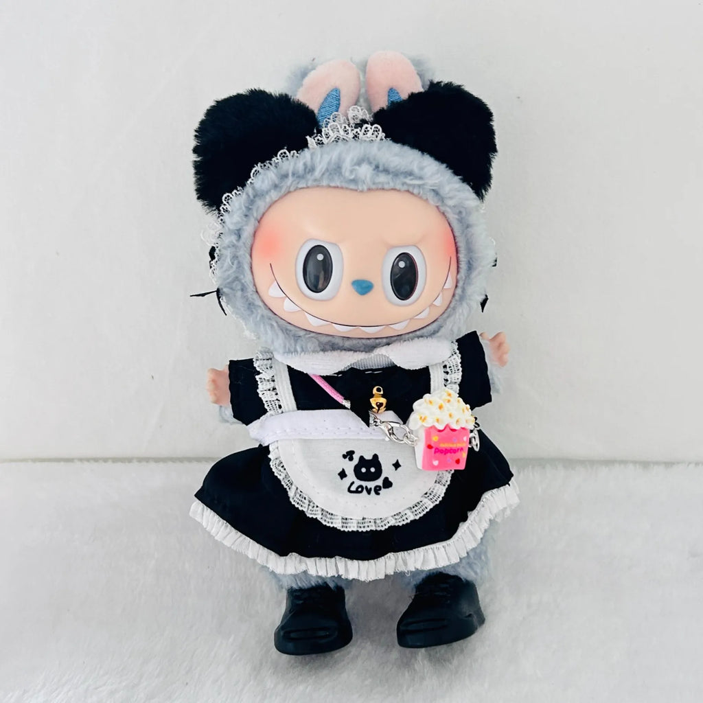 Black Cat Maid Costume Set for 17cm Labubu Dolls – Frilly Apron Dress, Cat Ears & Popcorn Charm