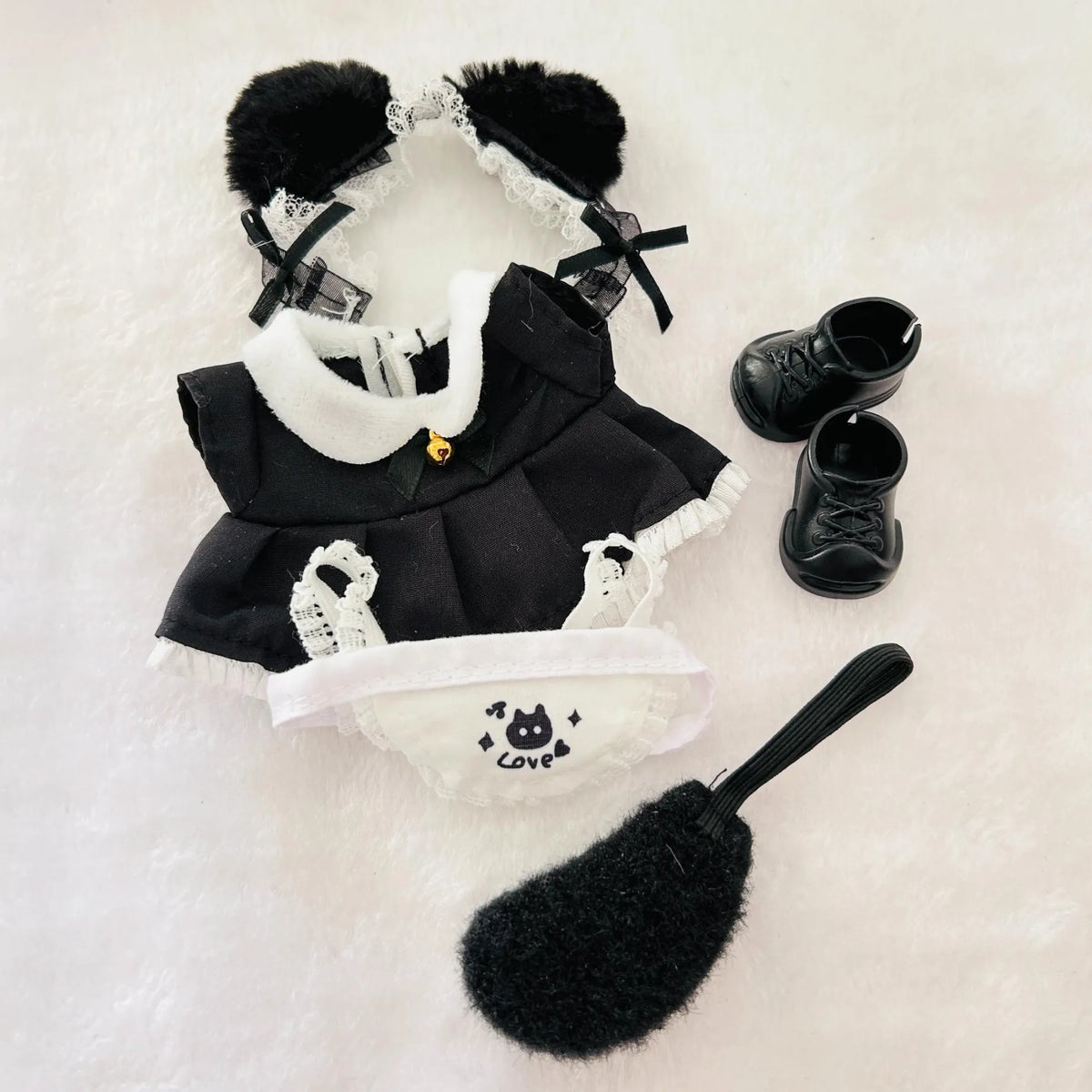 Black Cat Maid Costume Set for 17cm Labubu Dolls – Frilly Apron Dress, Cat Ears & Popcorn Charm