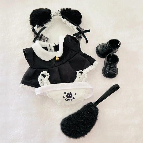 Black Cat Maid Costume Set for 17cm Labubu Dolls – Frilly Apron Dress, Cat Ears & Popcorn Charm