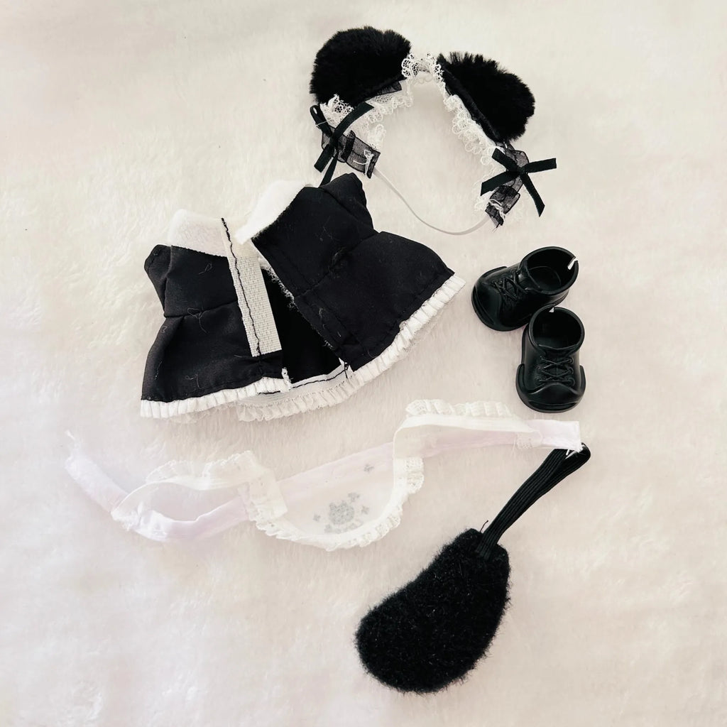 Black Cat Maid Costume Set for 17cm Labubu Dolls – Frilly Apron Dress, Cat Ears & Popcorn Charm