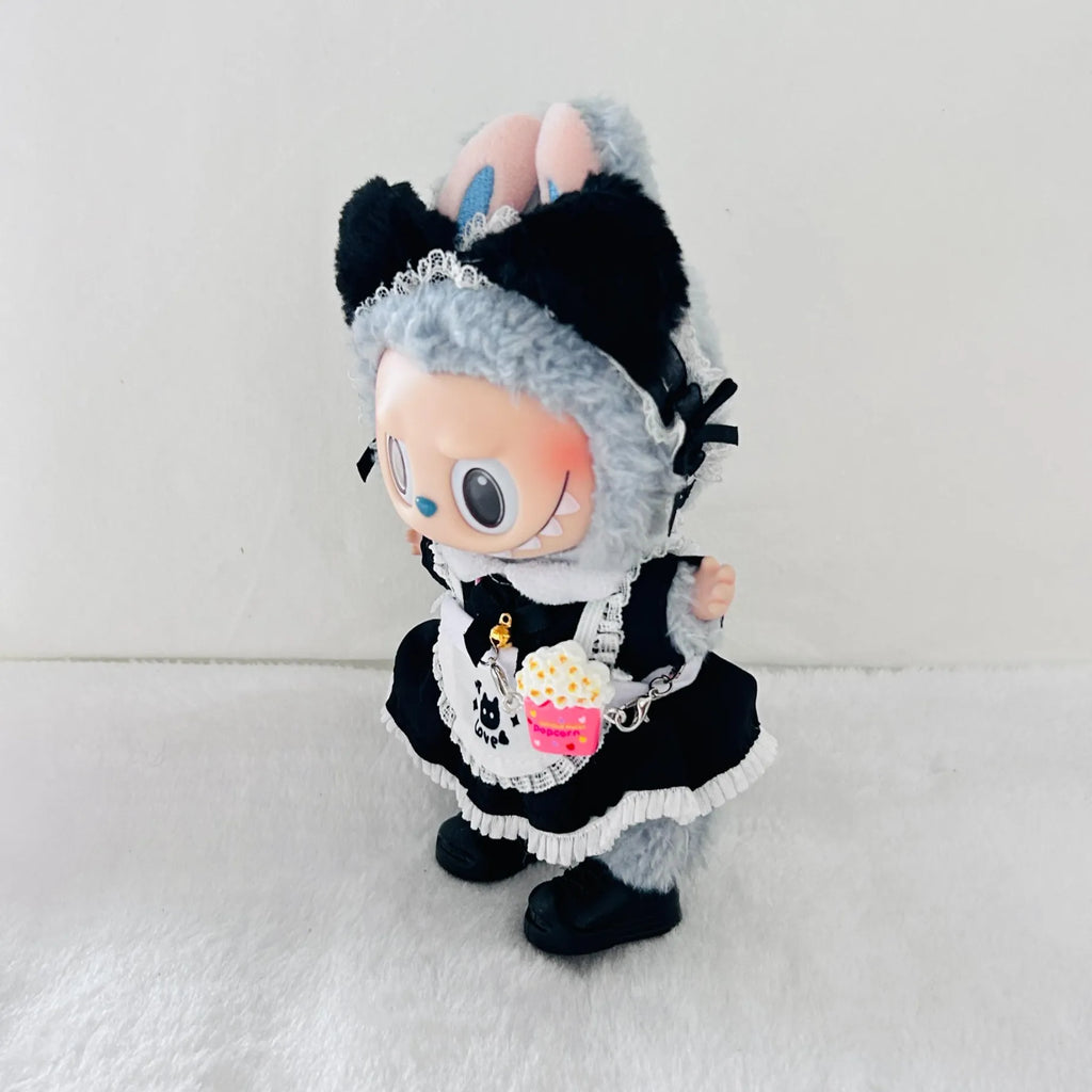 Black Cat Maid Costume Set for 17cm Labubu Dolls – Frilly Apron Dress, Cat Ears & Popcorn Charm