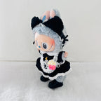 Black Cat Maid Costume Set for 17cm Labubu Dolls – Frilly Apron Dress, Cat Ears & Popcorn Charm
