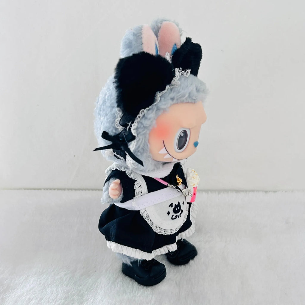 Black Cat Maid Costume Set for 17cm Labubu Dolls – Frilly Apron Dress, Cat Ears & Popcorn Charm