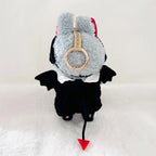 A back view of Labubu wearing a black  devil costume with bat wings, a red tail tip.