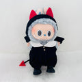 A Labubu vinyl plush doll dressed in a black devil costume with white collar, red devil horns, and a small red tail.