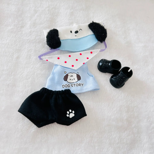 A set of Labubu doll clothing and accessories, including a white and light blue dog hat, a light blue dog shirt, a red dot bib, black shorts and shoes.