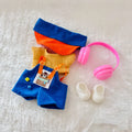 A doll clothing including a blue knit cap, orange and blue knit top, blue overalls with orange straps, pink headphones, and white booties.