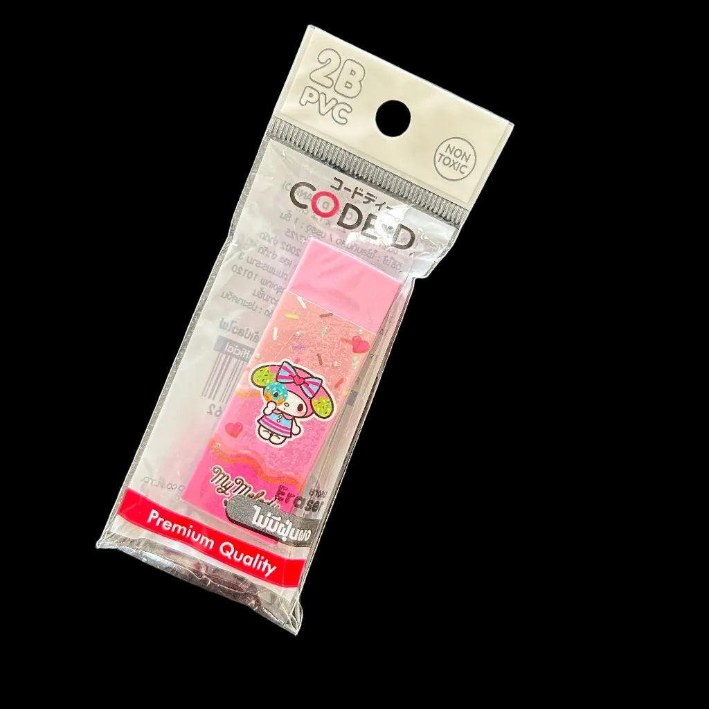 A packaged My Melody rubbers packaged in a plastic bag, featuring a pink character design, text in CODE:D and Japaneseコードディー.