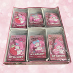 Three pink My Melody character erasers shown with dimension lines and measurements.
