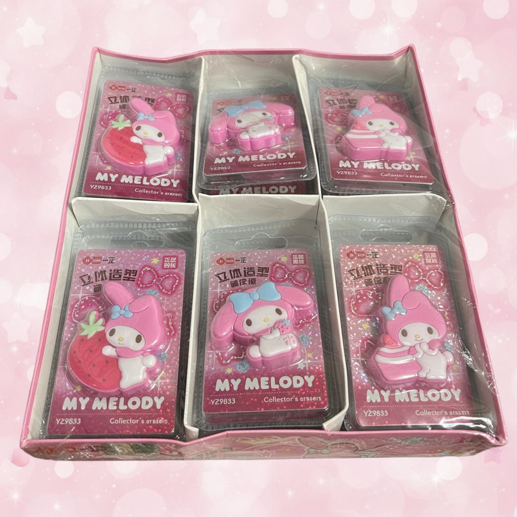 Three pink My Melody character erasers shown with dimension lines and measurements.
