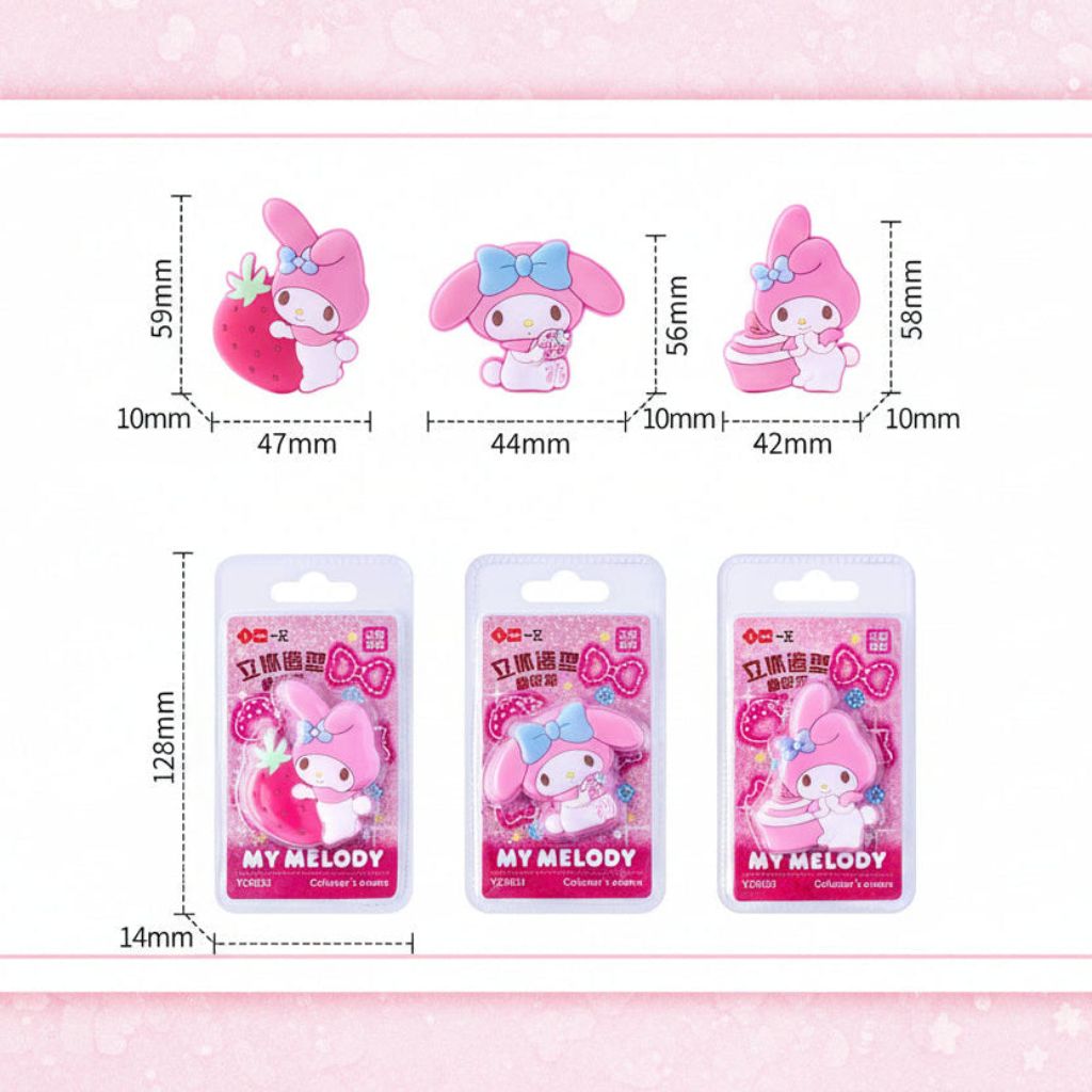 Three pink My Melody character erasers shown with dimension lines and measurements.
