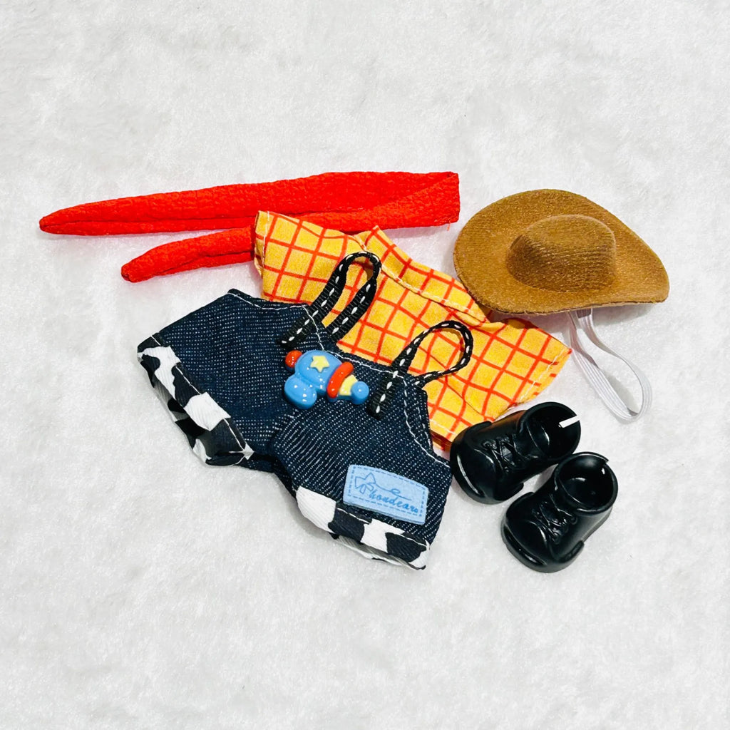 Cowboy Outfit Set for 17cm Labubu Dolls – Plaid Shirt, Cow-Print Dungarees & Western Hat