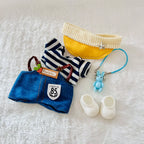 Dark Blue Denim-Style Overall Set for 17cm Labubu Dolls – Stripe Tee, Yellow Cap & Bunny Charm