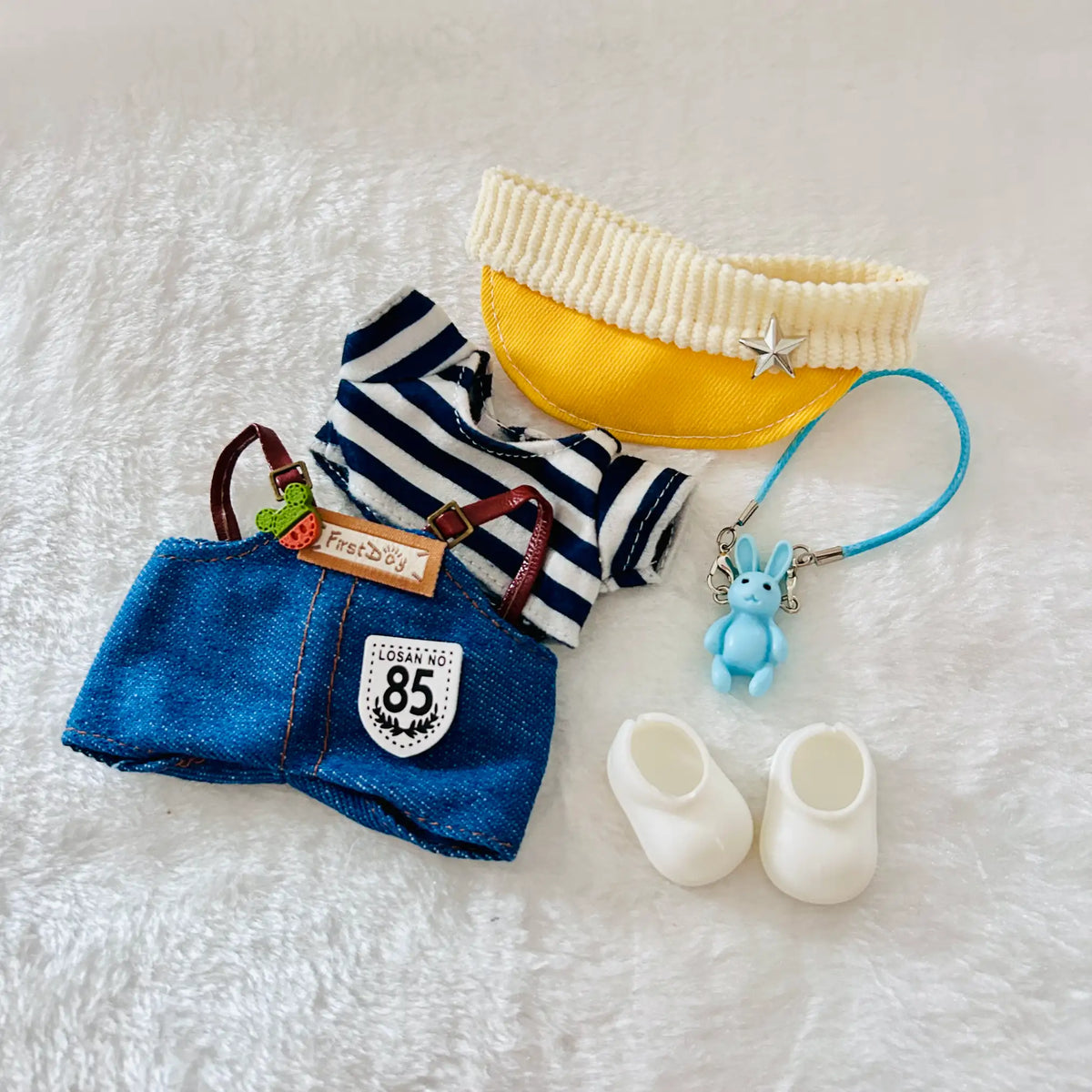 Dark Blue Denim-Style Overall Set for 17cm Labubu Dolls – Stripe Tee, Yellow Cap & Bunny Charm