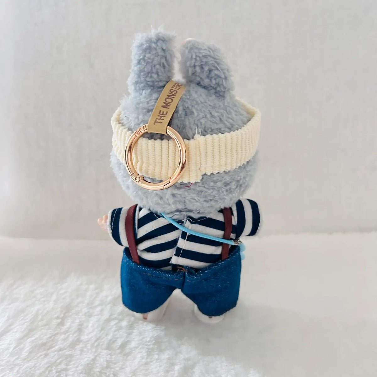 Dark Blue Denim-Style Overall Set for 17cm Labubu Dolls – Stripe Tee, Yellow Cap & Bunny Charm