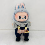 A  Labubu doll wearing a outfit set, including a light grey knit hoodie, navy blue corduroy overall, and black lace-up booties.