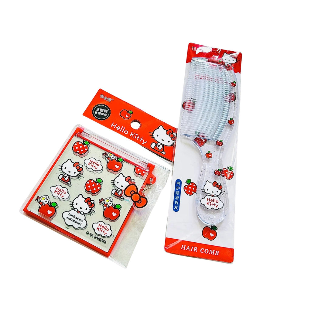 Hello Kitty strawberry-themed hair comb and matching accessories arranged on a pastel pink background with decorative heart props. 