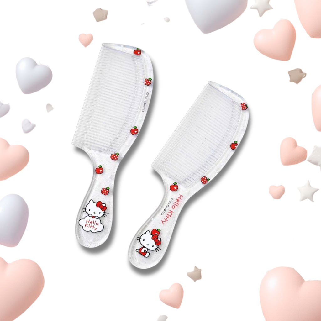 Two white hairbrushes with Hello Kitty and strawberry designs, displayed on a white background with pastel heart and star decorations.