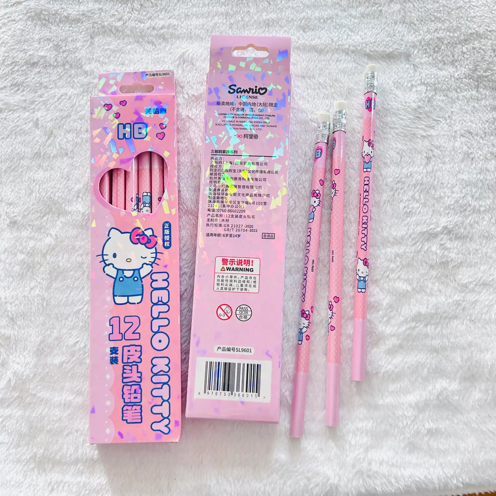 A pink Hello Kitty 12-pack pencil set with its packaging. And displaying three individual pencils decorated with Hello Kitty illustrations.