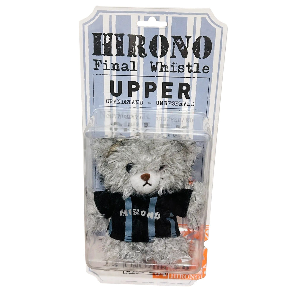 A packaged Hirono Final whistle Bear wearing a blue stripes T-shirt with the word 'HIRONO' on the front.