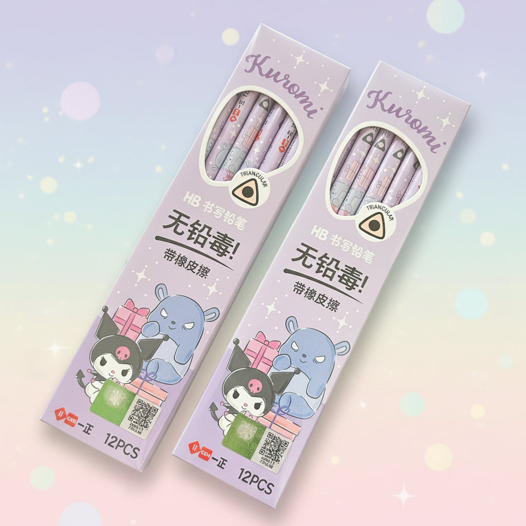 Two packages of Kuromi-themed HB ballpoint pens with 12 pieces each.