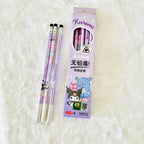 Three Kuromi-themed wooden pencils with a light purple pattern are displayed next to their original packaging box 