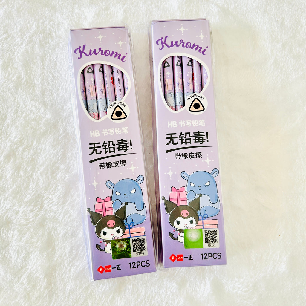 Two boxes of Kuromi HB writing pencils with a white textured background. The packaging is light purple with cartoon illustrations of Kuromi.