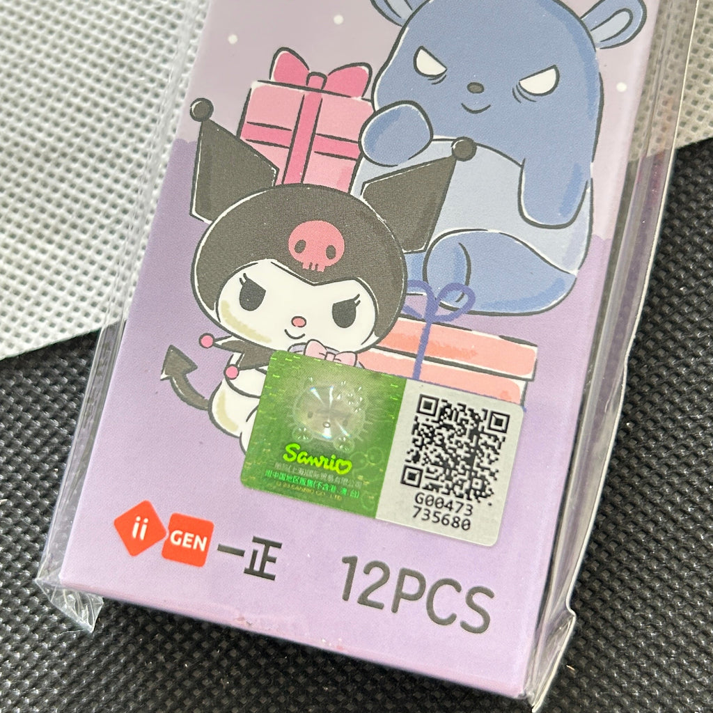 Sanrio Kuromi and My Melody 12-piece eraser pack, a close-up of certificate mark.