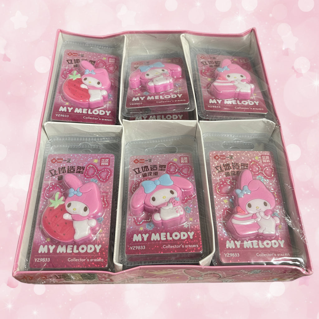 A pink My Melody collector's box containing multi individual packaged My Melody erasers. 