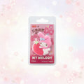 A packaged Sanrio My Melody collector's eraser keychain, shown in its original blister card packaging against a soft pink and white floral background.