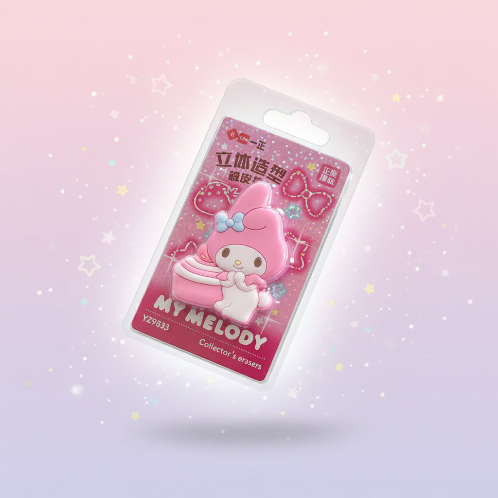 A pink My Melody collectible figure in clear plastic blister packaging, shown floating against a soft pastel pink and lavender background with starry sparkles.