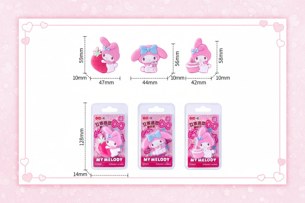Three pink My Melody character erasers shown with dimension lines and measurements.