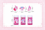 Three pink My Melody character erasers shown with dimension lines and measurements.