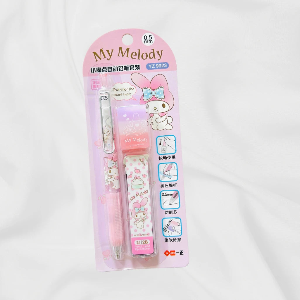 A Sanrio My Melody 0.5 mm gel pen and matching eraser set in its original pink blister packaging, displayed against a white fabric background.