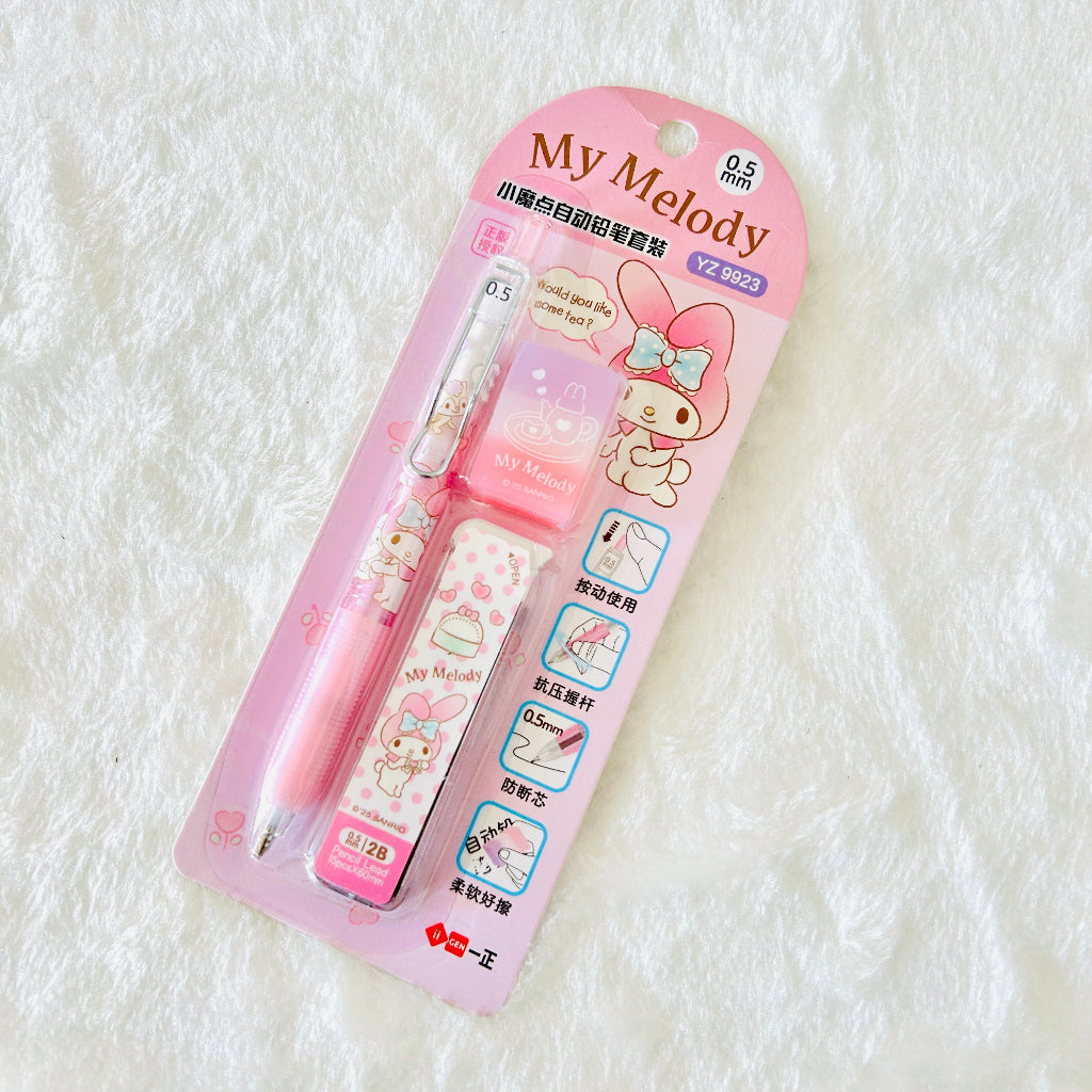 A pink My Melody 0.5 mm ballpoint pen and matching eraser set in its original blister packaging.