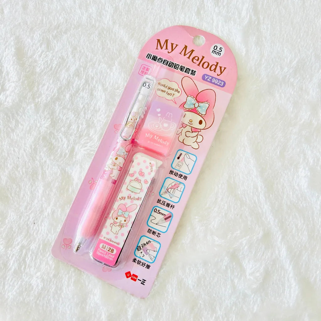 A pink My Melody 0.5 mm ballpoint pen and matching eraser set in its original blister packaging.
