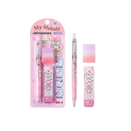 A Sanrio My Melody stationery set featuring a pink pen, matching eraser, and correction tape, shown both in its retail blister packaging and unpackaged on a white background with floating pastel hearts and stars.