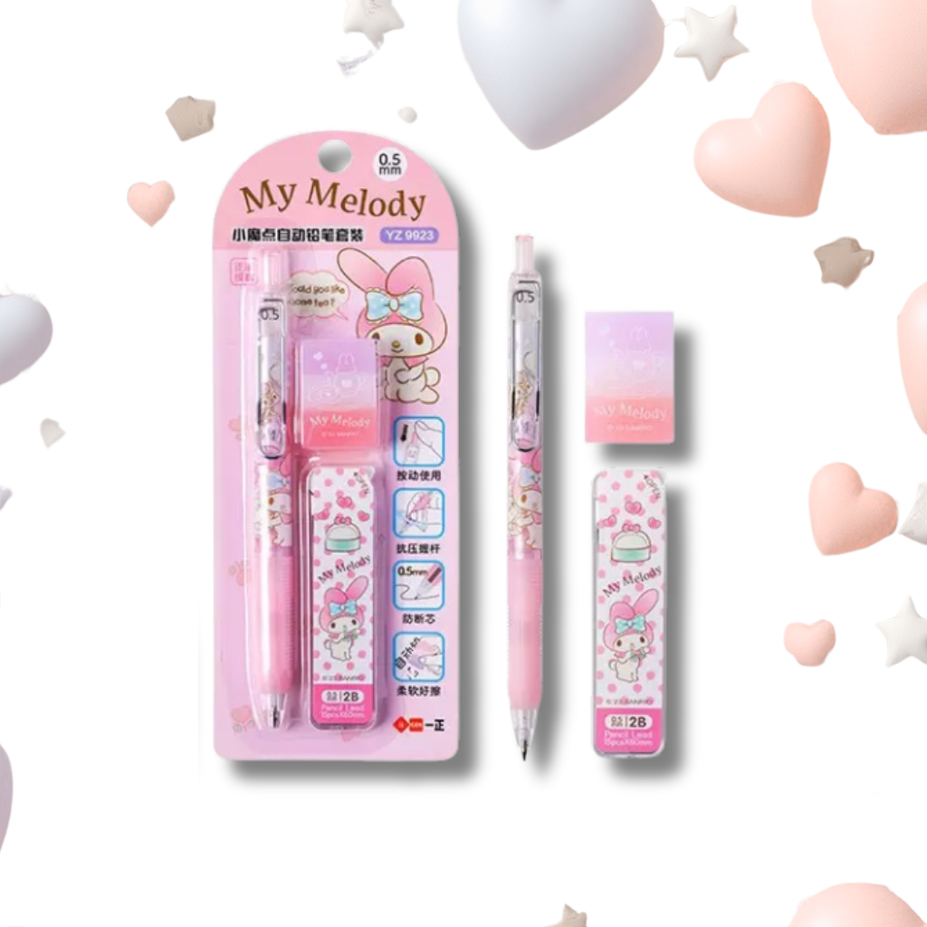 A Sanrio My Melody stationery set featuring a pink pen, matching eraser, and correction tape, shown both in its retail blister packaging and unpackaged on a white background with floating pastel hearts and stars.