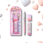 A Sanrio My Melody stationery set featuring a pink pen, matching eraser, and correction tape, shown both in its retail blister packaging and unpackaged on a white background with floating pastel hearts and stars.