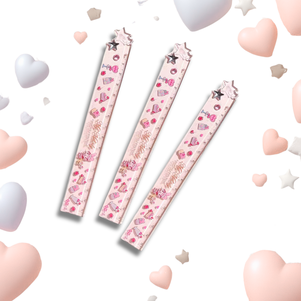3 pieces My Melody rulers in pink color with star shaped decorations.